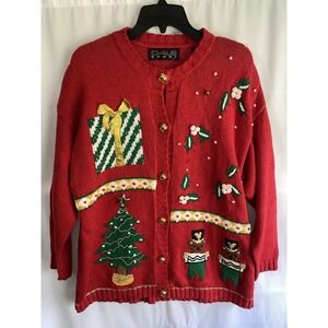 Vintage Christmas Tree Nutcracker Holiday Knit Cardigan Sweater Medium Ramie